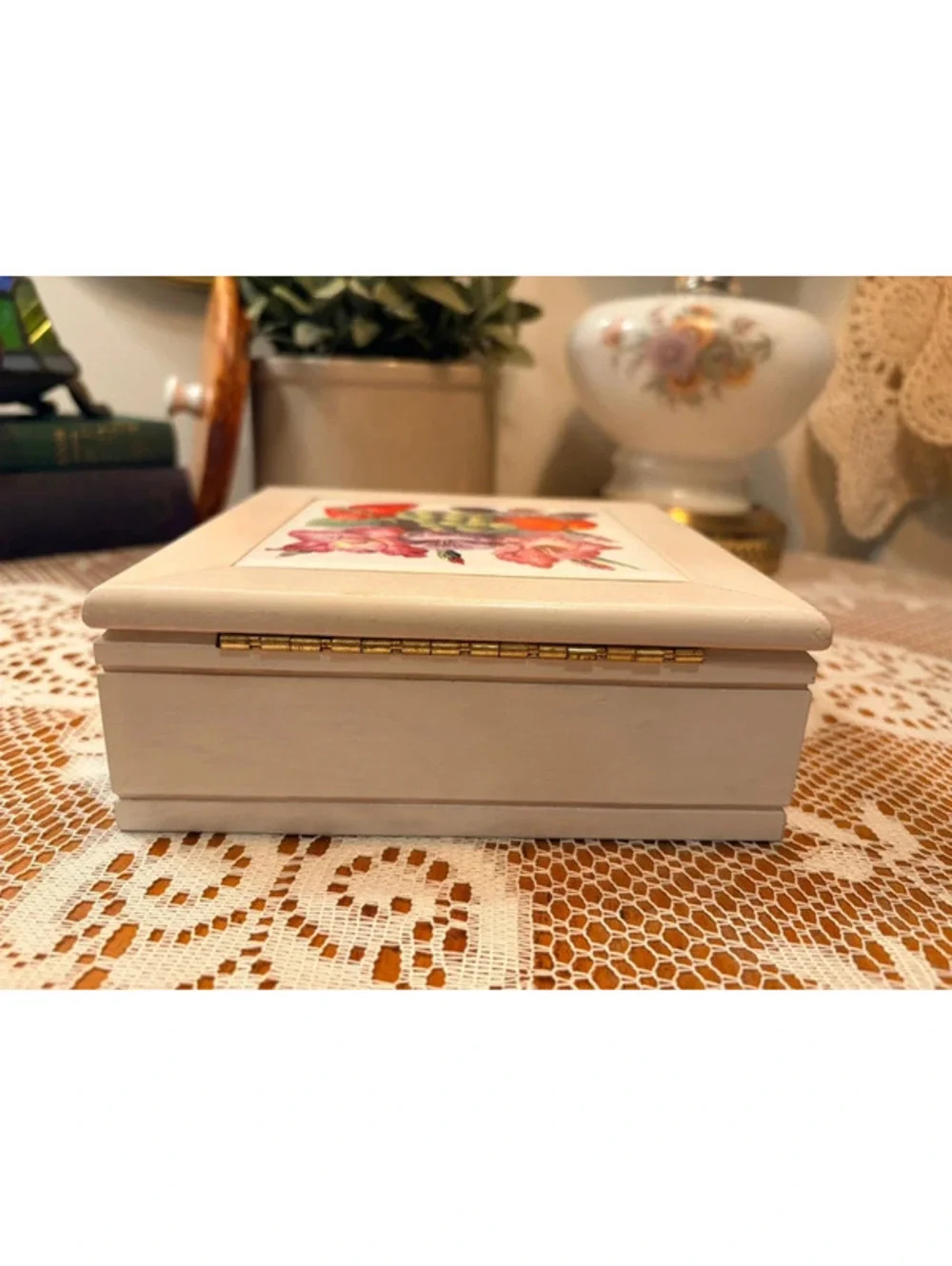 Floral Fruit Tile Wood Jewelry Box Pink Lined Cottage Decor